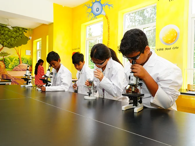 Students using microscopes in the biology lab