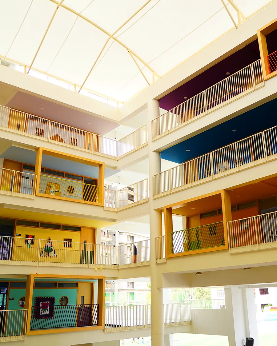 Sunlit multi-storey atrium of the NHIS early years block
