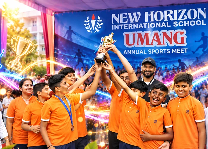 Students lifting the trophy at Umang, the NHIS annual sports meet