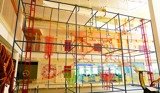 The giant kinetic marble-run structure in the atrium