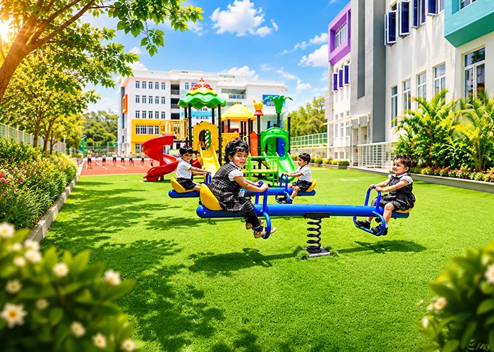 Young NHIS children playing on the seesaw in the campus playground