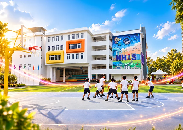 Students playing basketball in front of the NHIS campus building